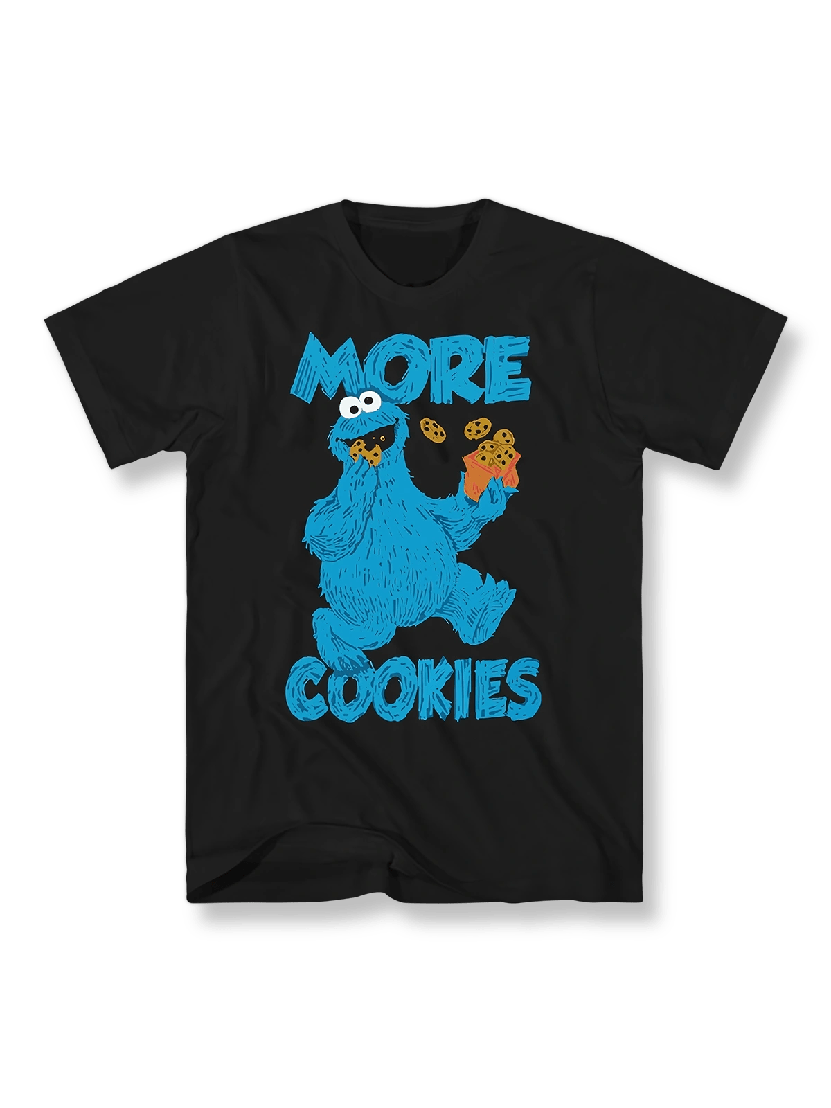 『クッキーモンスター』カートゥーンプリントTシャツ正面図、クッキーモンスターと「More Cookies」標語