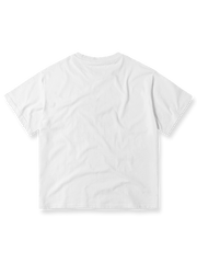 製品画像: コンリホワイトカメラプリントTシャツの全体像、クラシックなカメラモチーフとルーズフィットシルエットを示す。