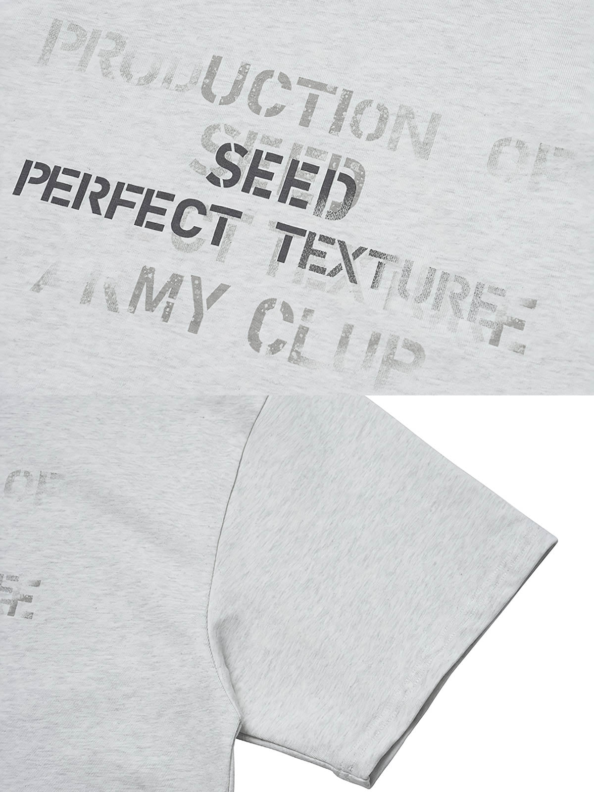 Tシャツのプリント部分のクローズアップ、耐久性のある白い文字が特徴。