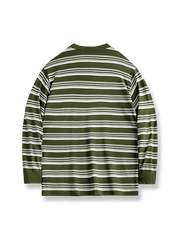 アメリカンヴィンテージカラーブロックストライプ長袖Tシャツ、三色のストライプデザインとリブ付きクルーネックを展示。