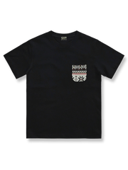 エスニック風ブラックポケットクルーネック半袖Tシャツの正面図
