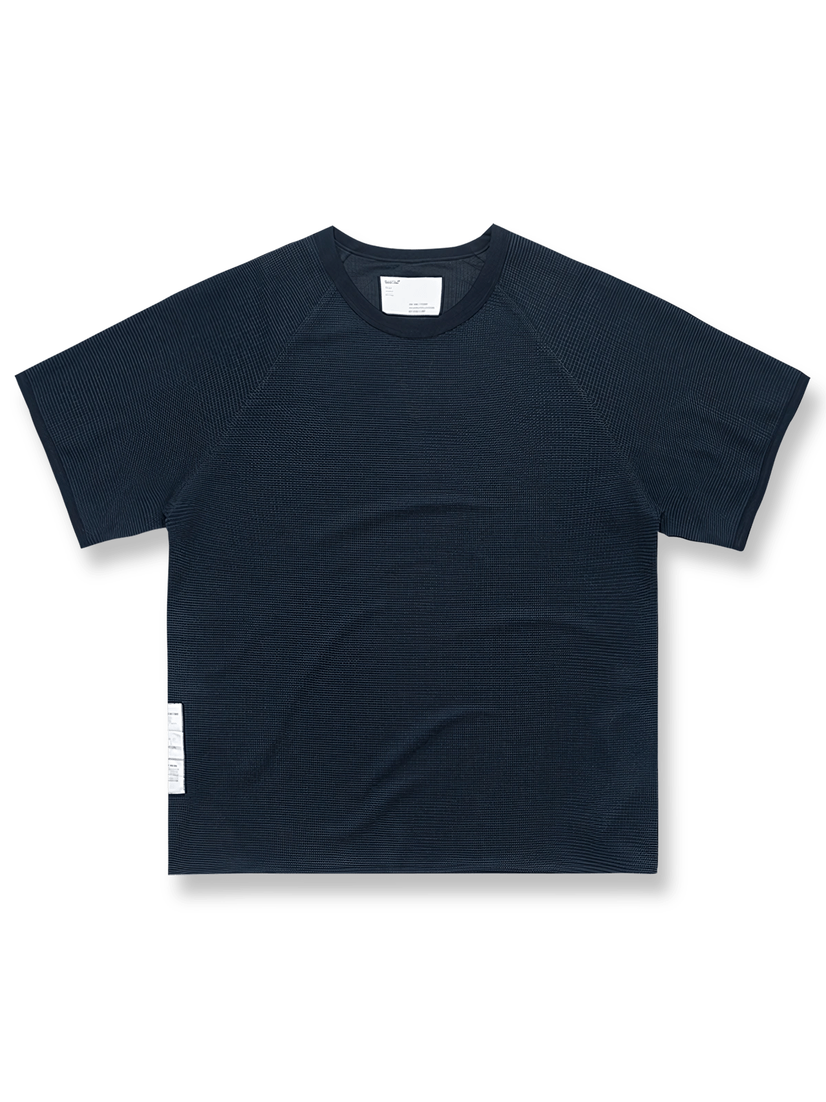 製品画像: 配色ワッフルTシャツ全体の展示、ジャカードメッシュテクスチャーとホワイトラベルのサイド装飾を示す。
