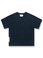 製品画像: 配色ワッフルTシャツ全体の展示、ジャカードメッシュテクスチャーとホワイトラベルのサイド装飾を示す。