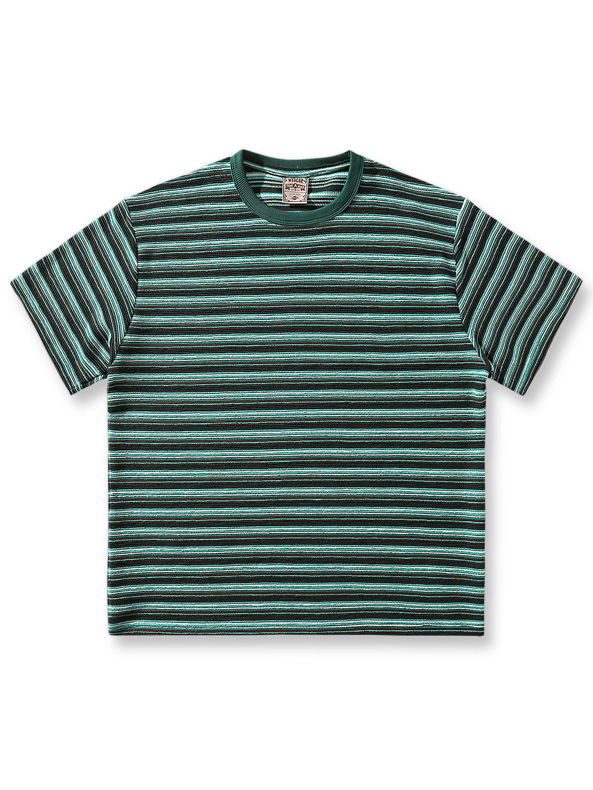 エメラルドグリーン色織りストライプのリラックスフィット日本スタイルショートスリーブTシャツの全体像