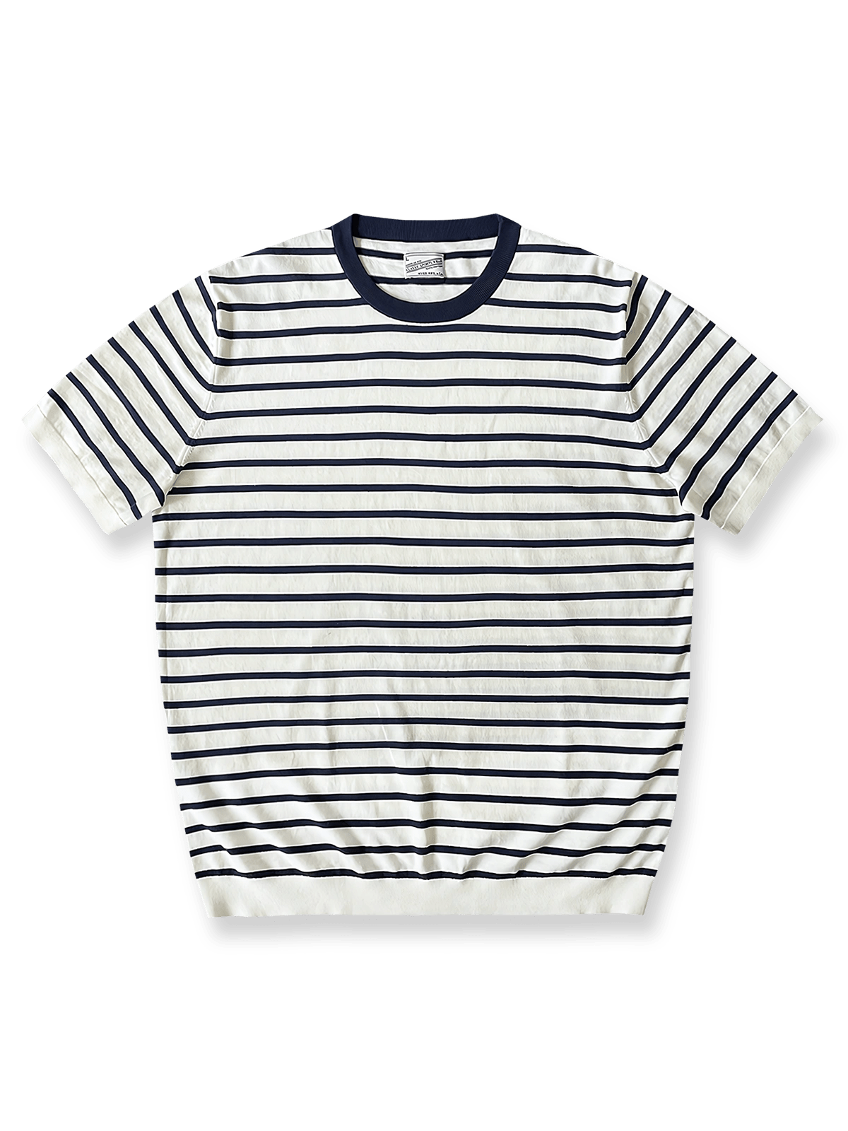 オフホワイトとネイビーストライプのニットクルーネック半袖Tシャツの正面図