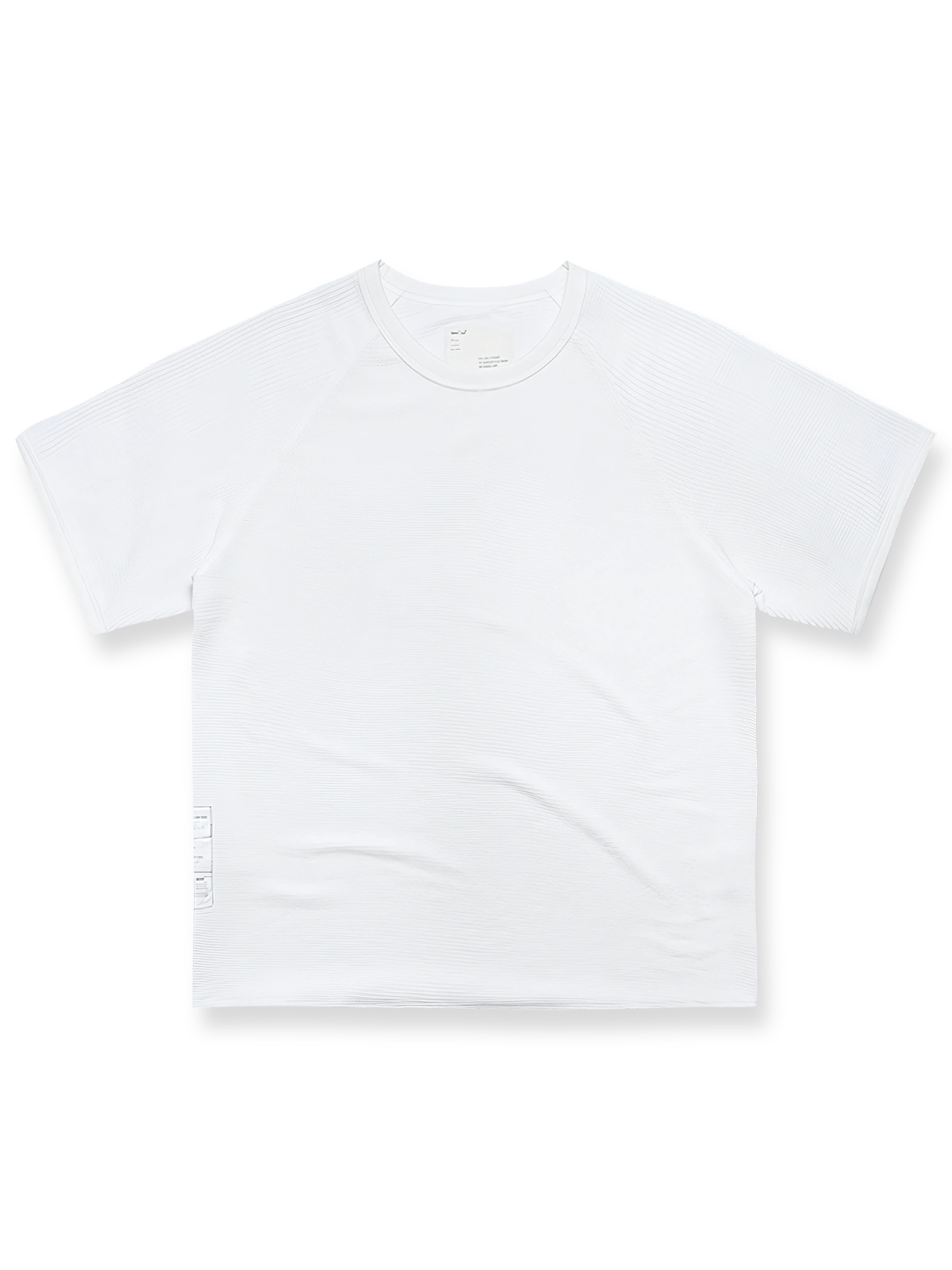 製品画像: 配色ワッフルTシャツ全体の展示、ジャカードメッシュテクスチャーとホワイトラベルのサイド装飾を示す。