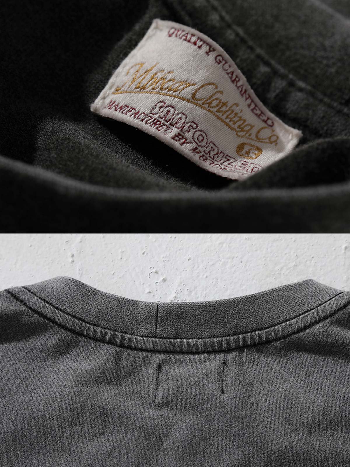 製品画像: インディゴウォッシュのヴィンテージ風長袖Tシャツの正面展示
詳細画像: Tシャツの襟元と袖口の三角カットディテールのクローズアップ