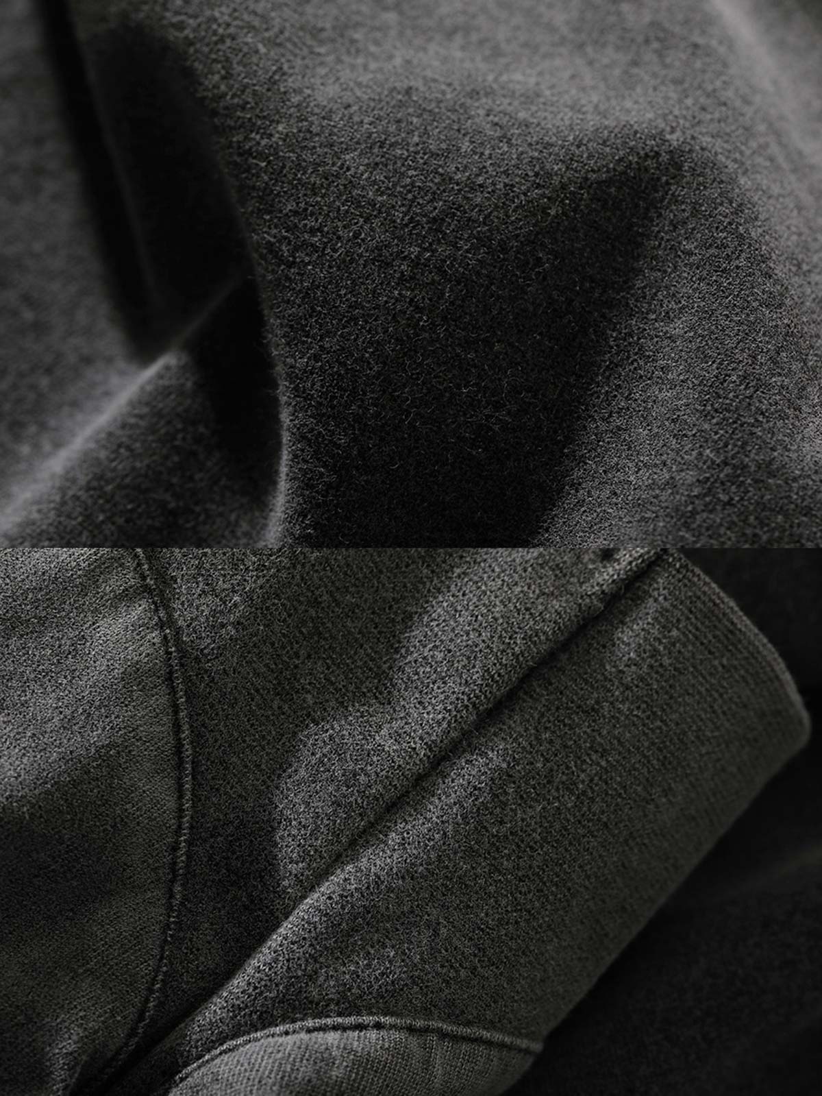 製品画像: インディゴウォッシュのヴィンテージ風長袖Tシャツの正面展示
詳細画像: Tシャツの襟元と袖口の三角カットディテールのクローズアップ