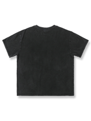 サンドウォッシュ加工のヴィンテージロックプリントクルーネック半袖Tシャツ正面展示