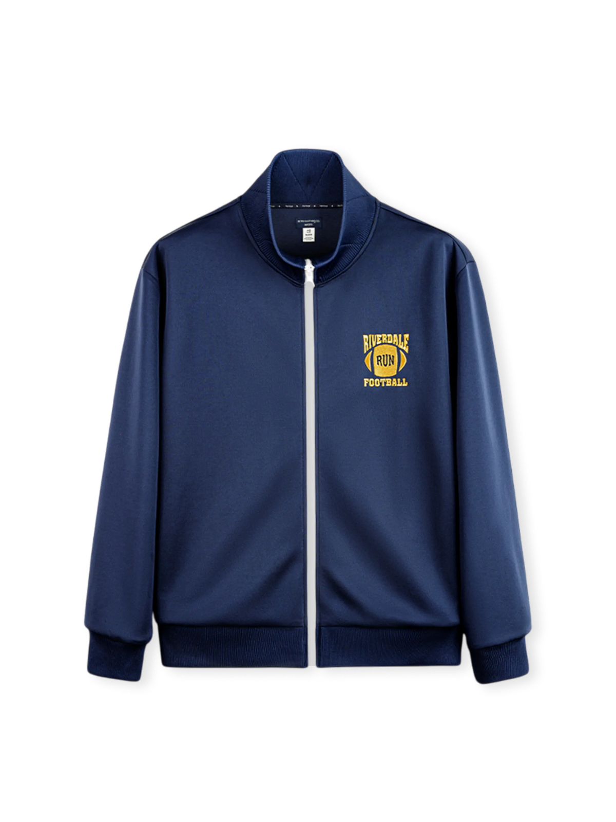 アメリカンキャンパススポーツ風の深青と黄色刺繍が特徴のTrackジャケット。軽量エアレイヤー生地使用。