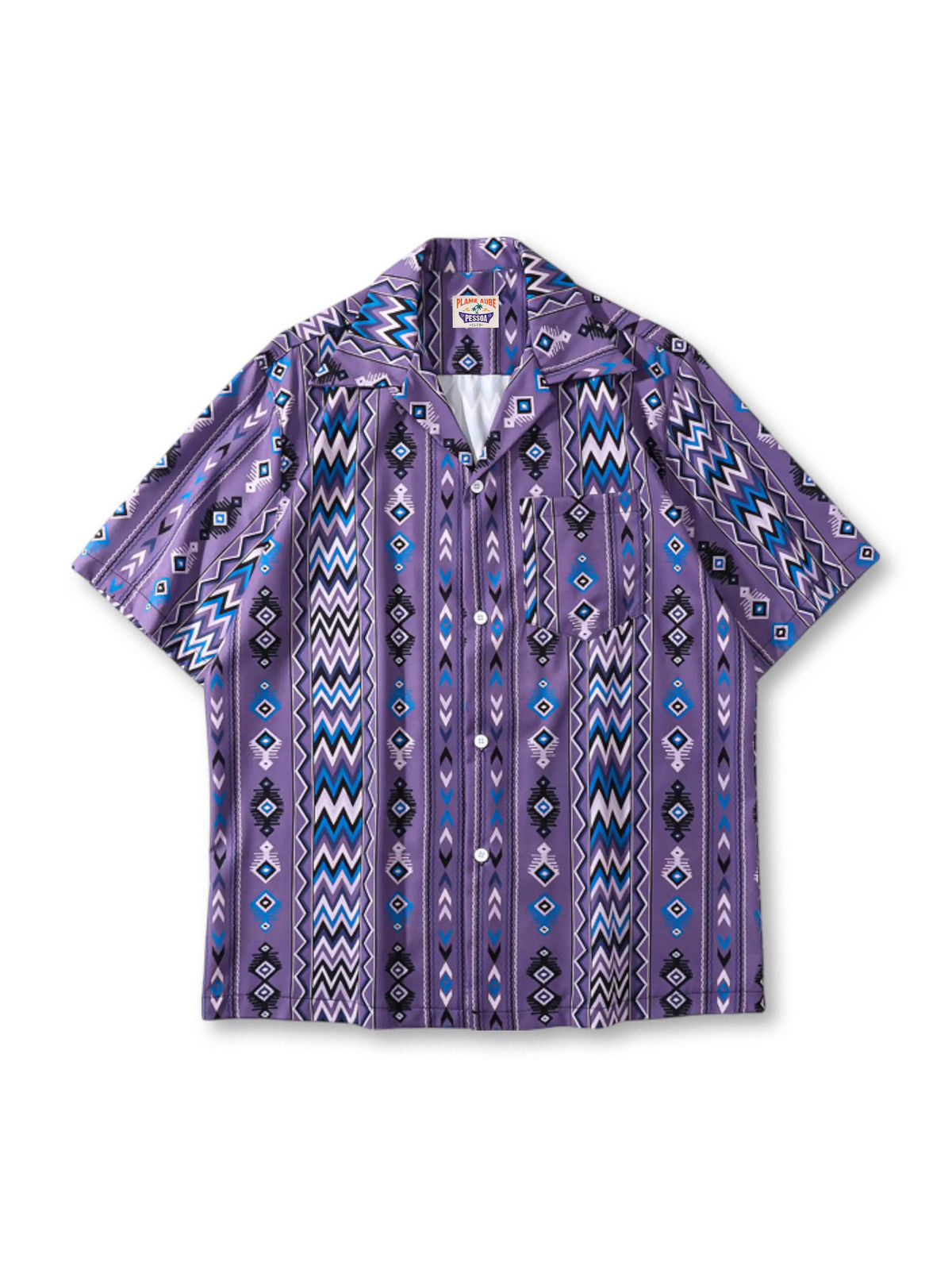 ジグザグストライプと幾何学模様のトライバルプリントオープンカラーシャツ