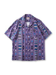 ジグザグストライプと幾何学模様のトライバルプリントオープンカラーシャツ