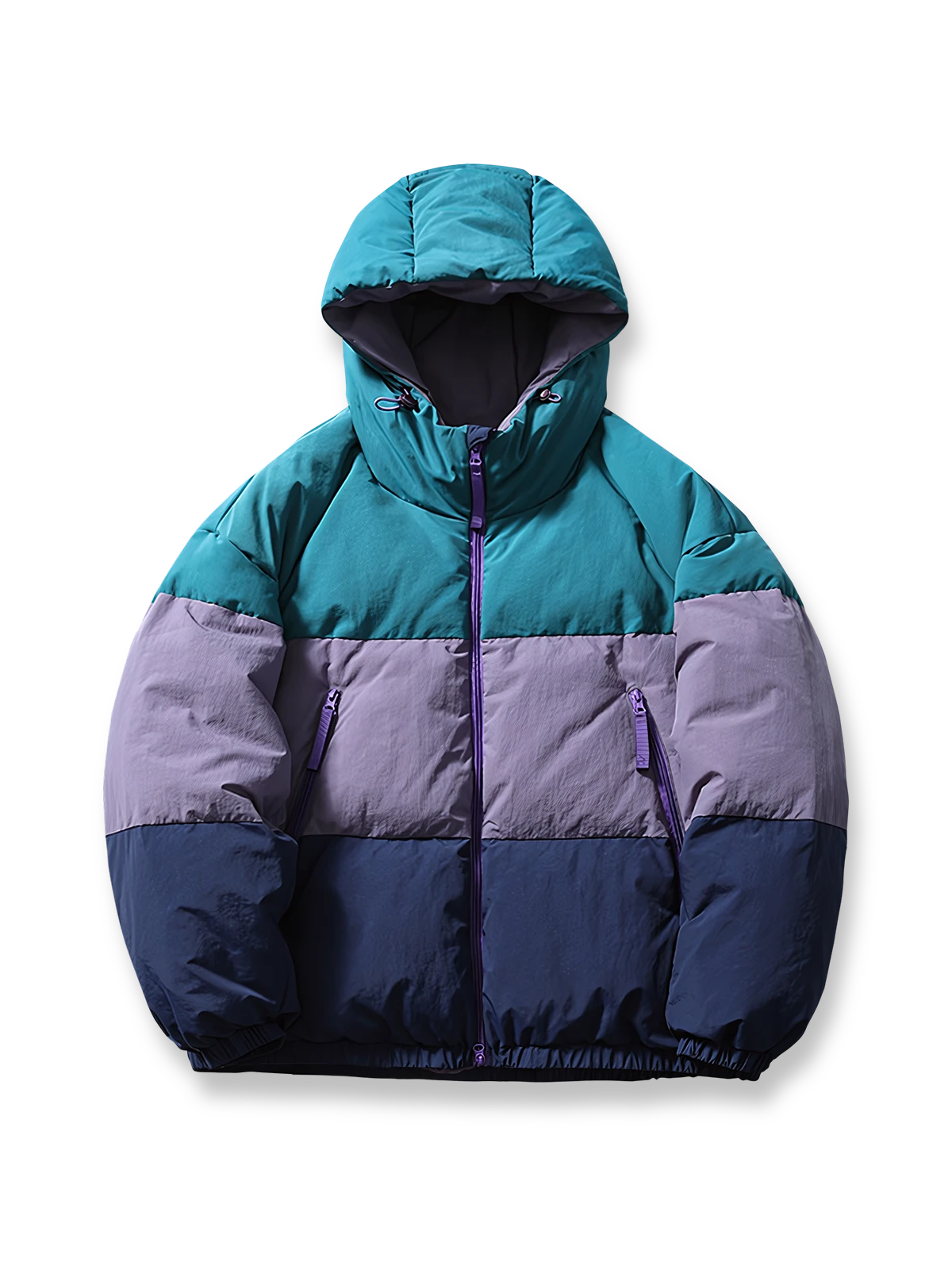 トリコロール配色のパッチワークデザインが特徴的なフード付きエコ中綿ジャケット