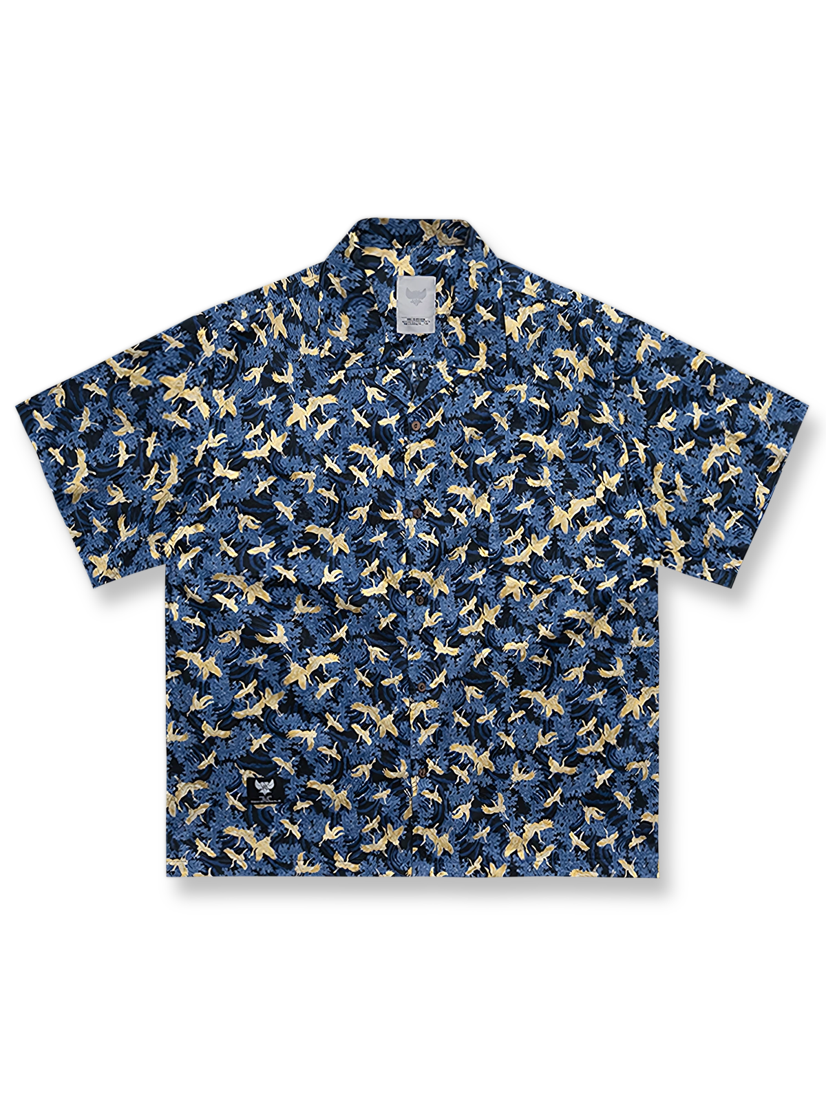 伝統的な手工印花と金彩加工で鶴を描いたコットンアロハシャツ。