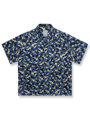 伝統的な手工印花と金彩加工で鶴を描いたコットンアロハシャツ。