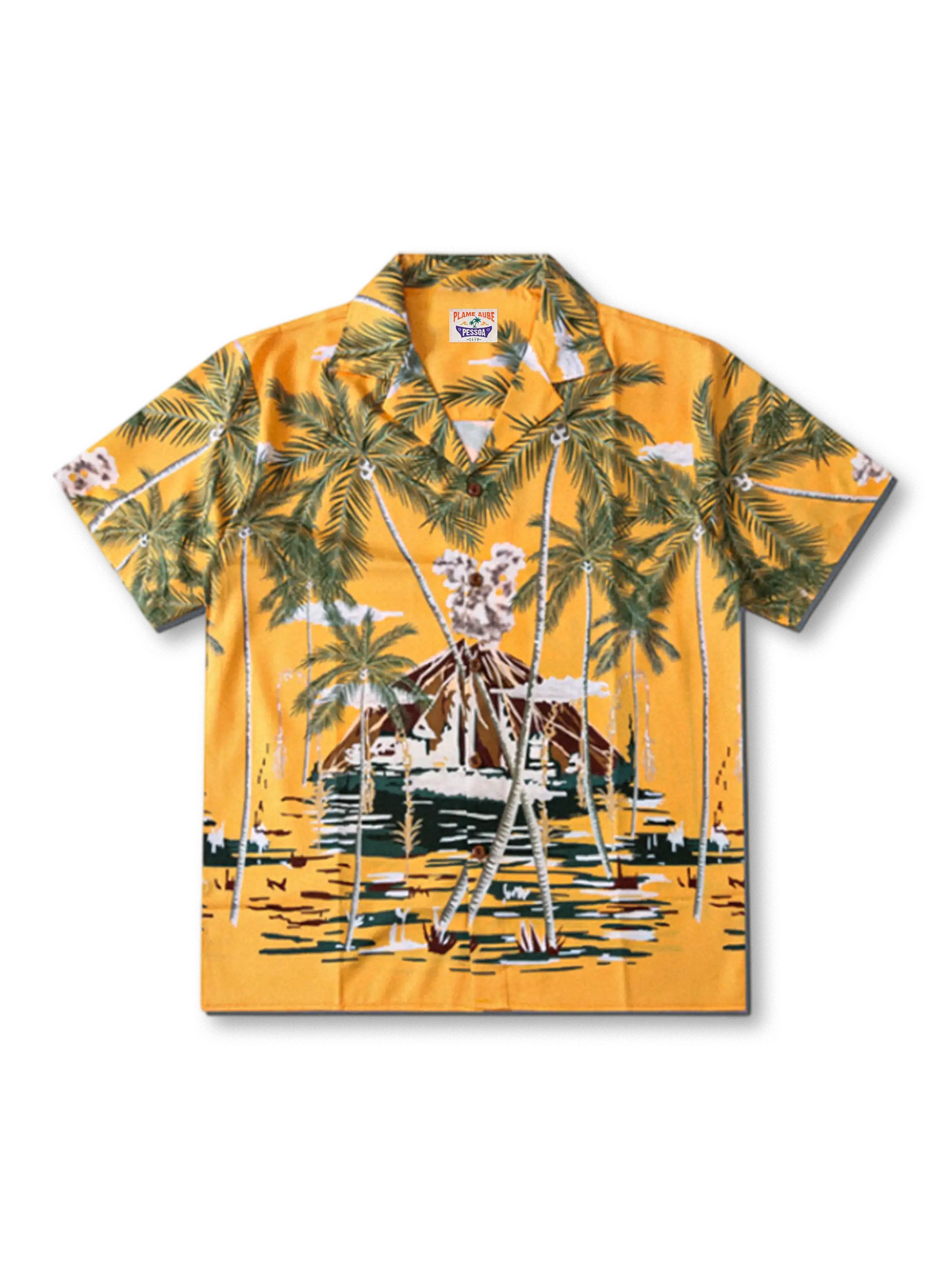 トロピカルレインフォレスト柄のアロハシャツ。軽量速乾ポリエステル素材でヤシの木と噴火モチーフの大胆プリント。夏のエレガントなリゾートスタイルに最適