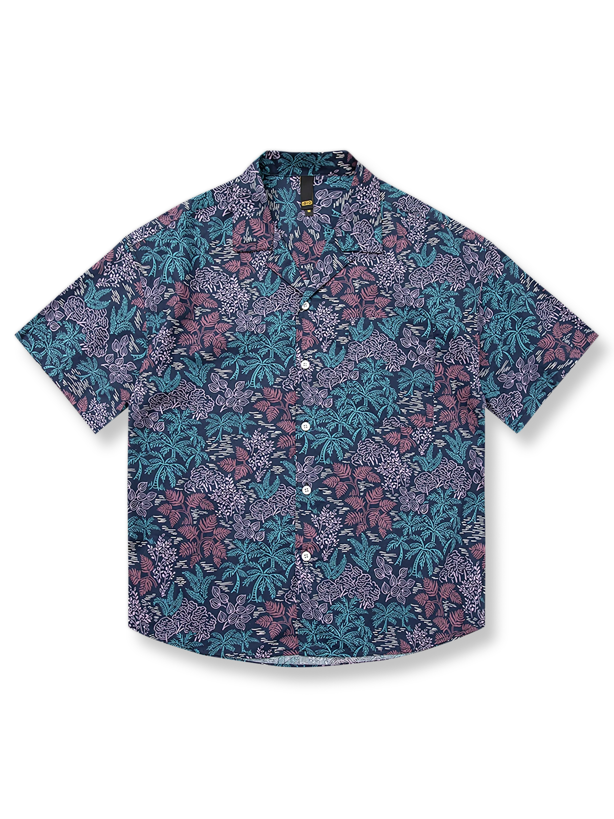 トロピカルフラワープリントとキューバカラーが特徴の半袖シャツ。