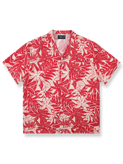 赤とベージュのトロピカルフラワープリントアロハシャツ