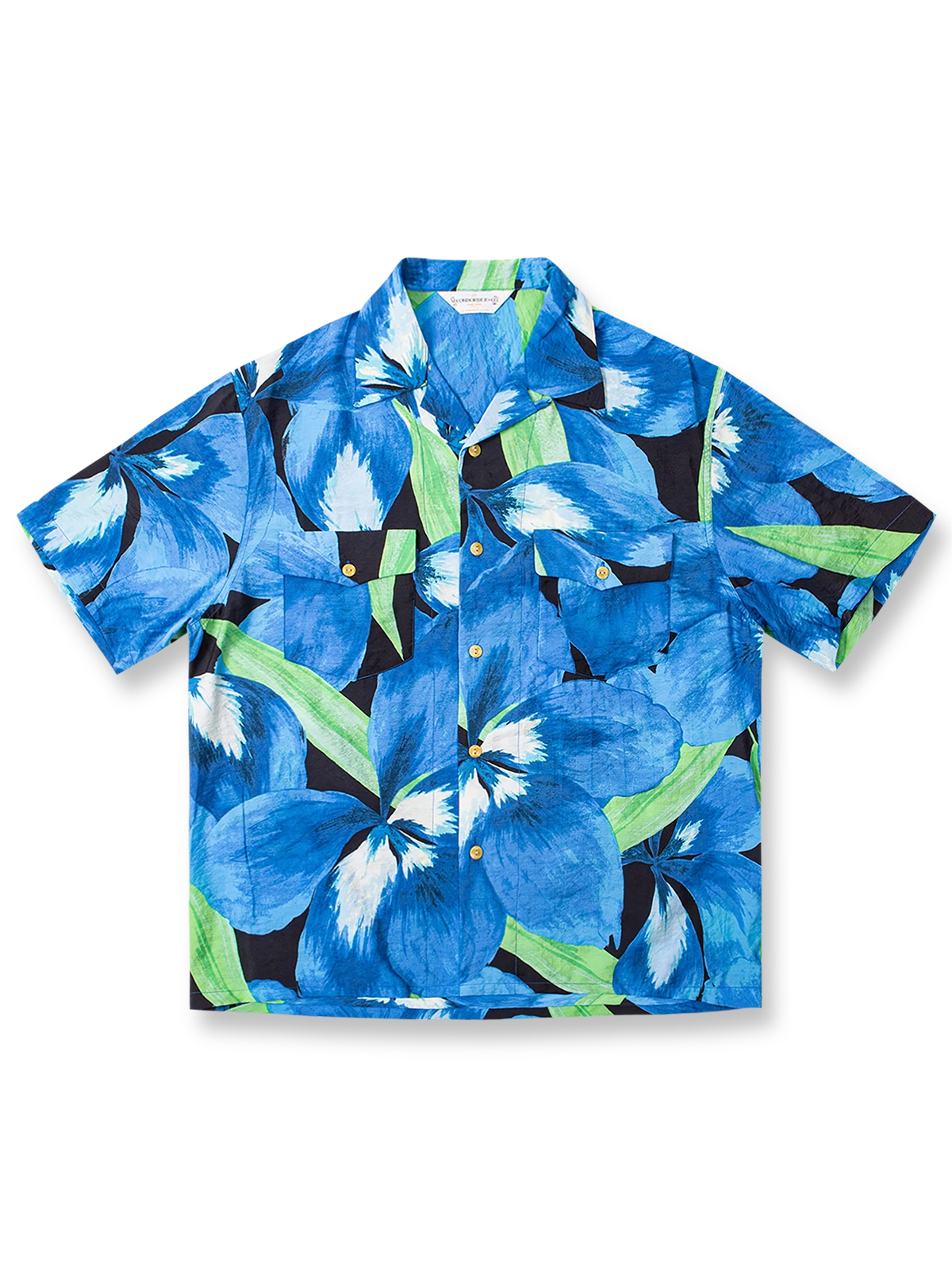 空色フラワープリントが映えるトロピカルハワイアンシャツ