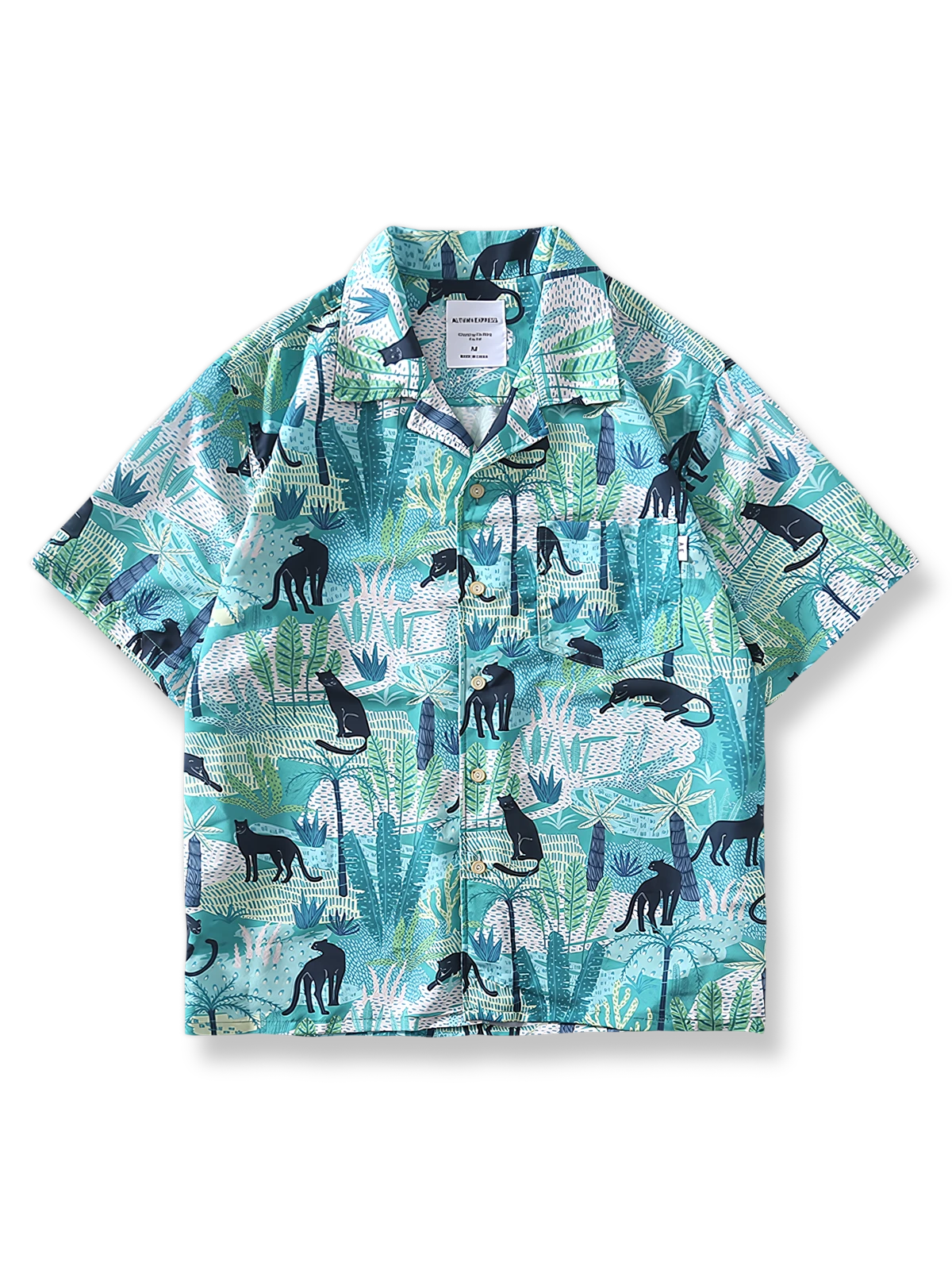 熱帯ジャングルと野生動物のプリントが施されたハワイアン半袖シャツ