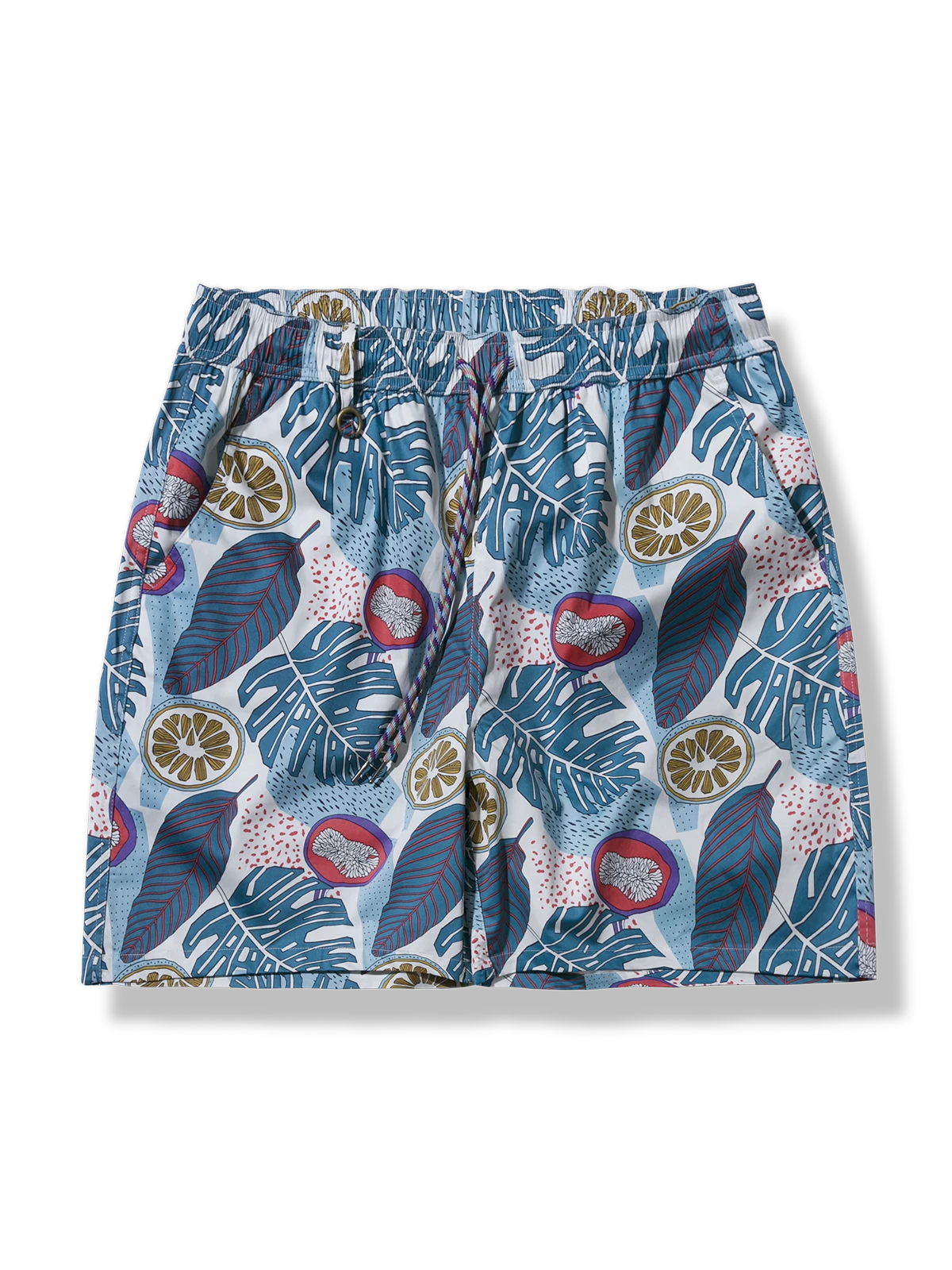 熱帯植物柄アロハショートパンツと同柄帽子、ルーズフィット、カラフルゴムバンド、綿スパンデックス素材