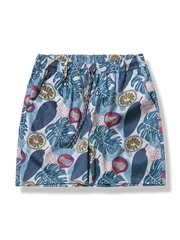 熱帯植物柄アロハショートパンツと同柄帽子、ルーズフィット、カラフルゴムバンド、綿スパンデックス素材