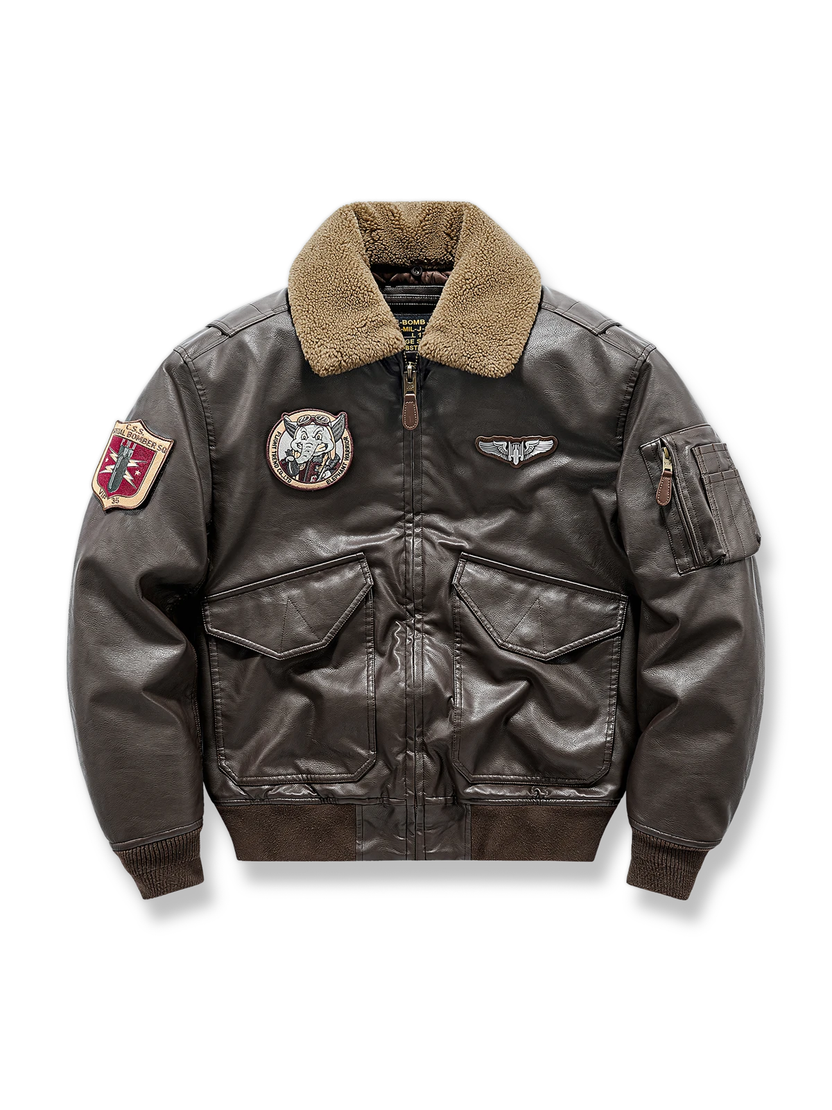 ターンダウンカラーとファーライニング付き合成レザーフライトジャケット