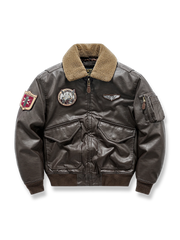 ターンダウンカラーとファーライニング付き合成レザーフライトジャケット