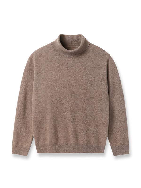 90.2%カシミヤ使用の滑らかな肌触りと保温性を持つタートルネックセーター。ダブルロールネックとリブ編み仕上げ。