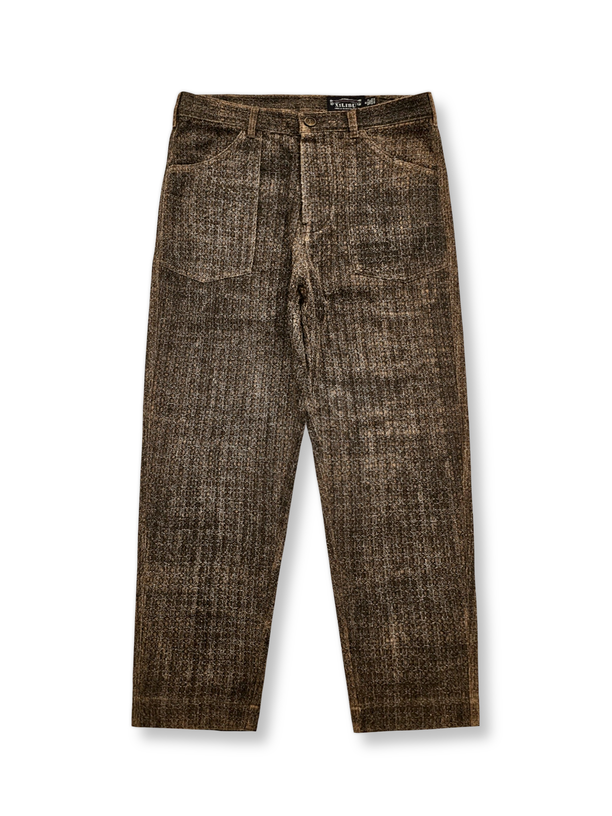 古銅色のヴィンテージ加工を施したタッサーシルクトレーパードパンツ。ムラ感とテーパードシルエットが特徴のアイテム。