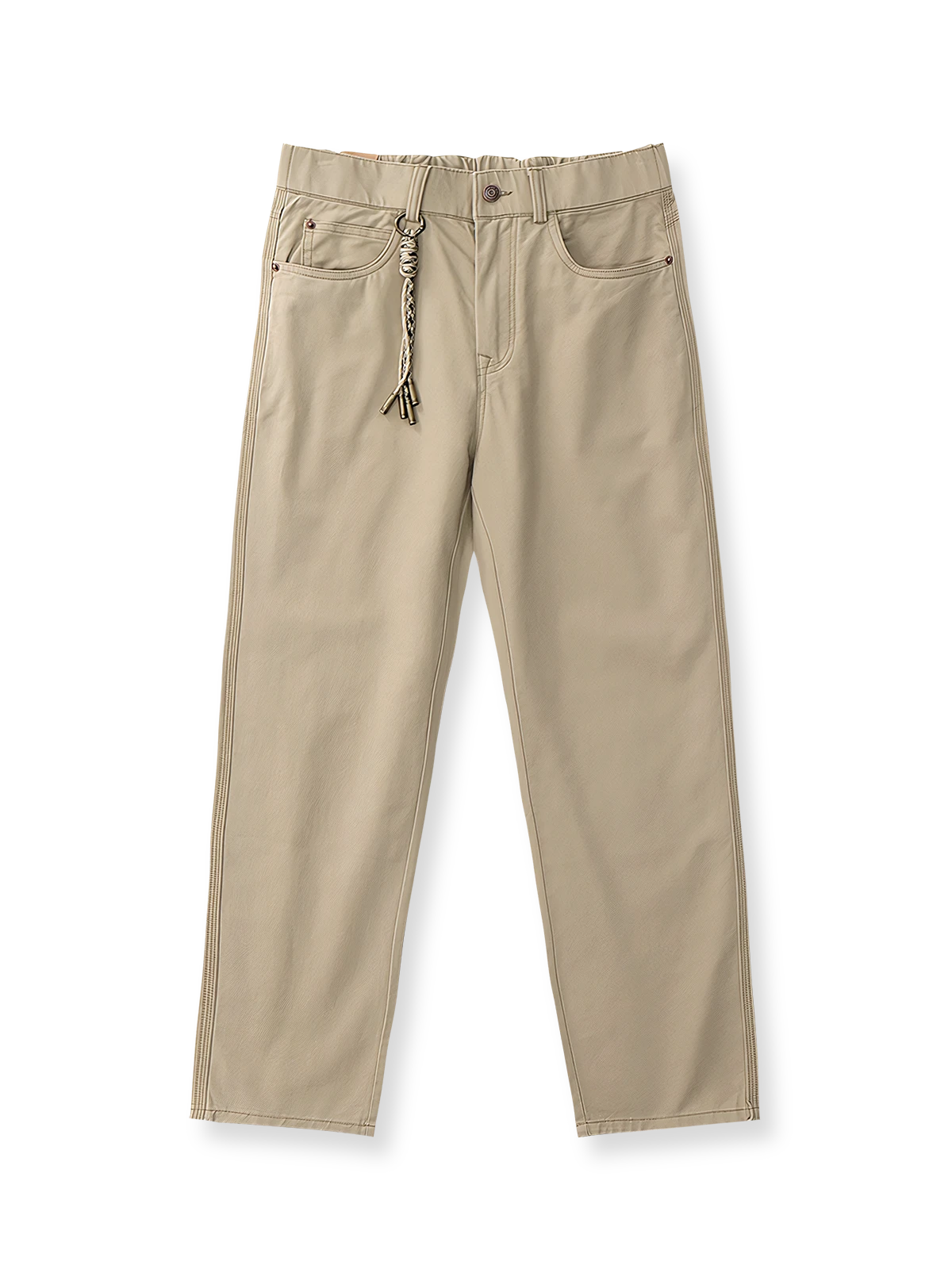 ウォッシュ加工と取り外し装飾が特徴のツイルワークカジュアルパンツ。