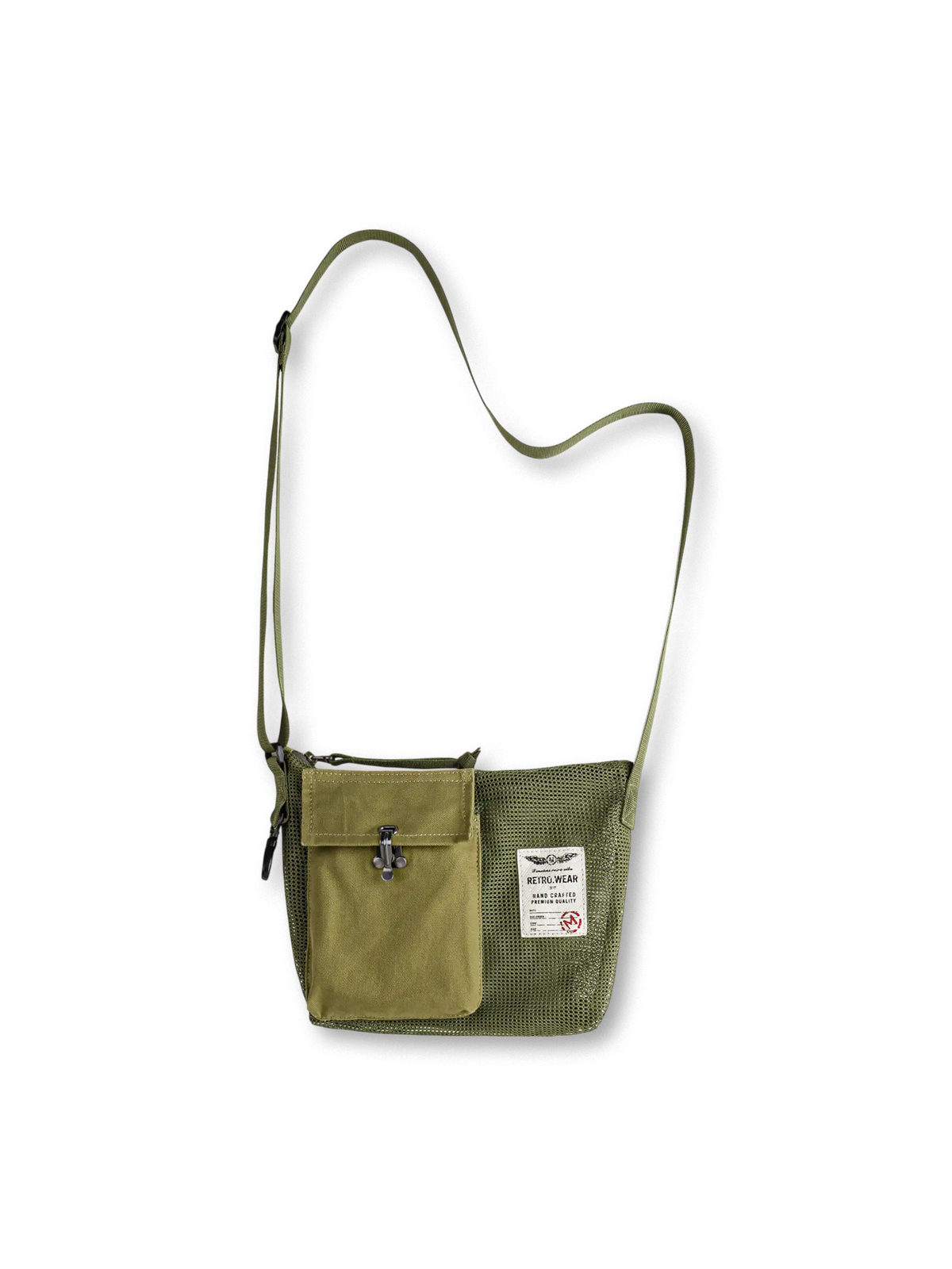 青古銅ジップと真鍮留め具が際立つタクティカルメッシュショルダーバッグ