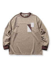 切り替えパッチワークと刺繍が特徴の2色展開長袖Tシャツ。