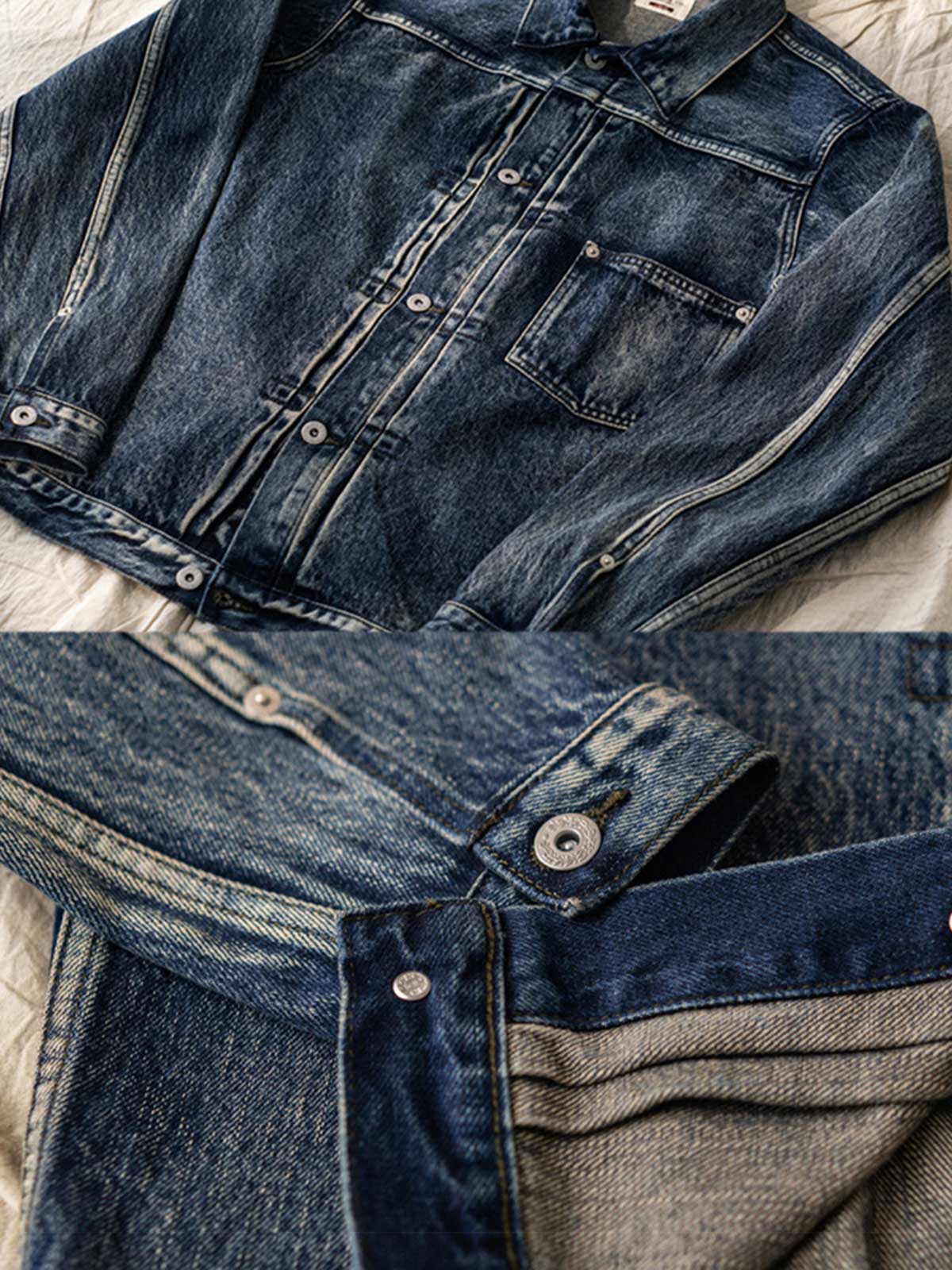 ジャケットのディテールショット、真鍮の未加工の錫メッキパリボタンとスラブデニムの質感を展示