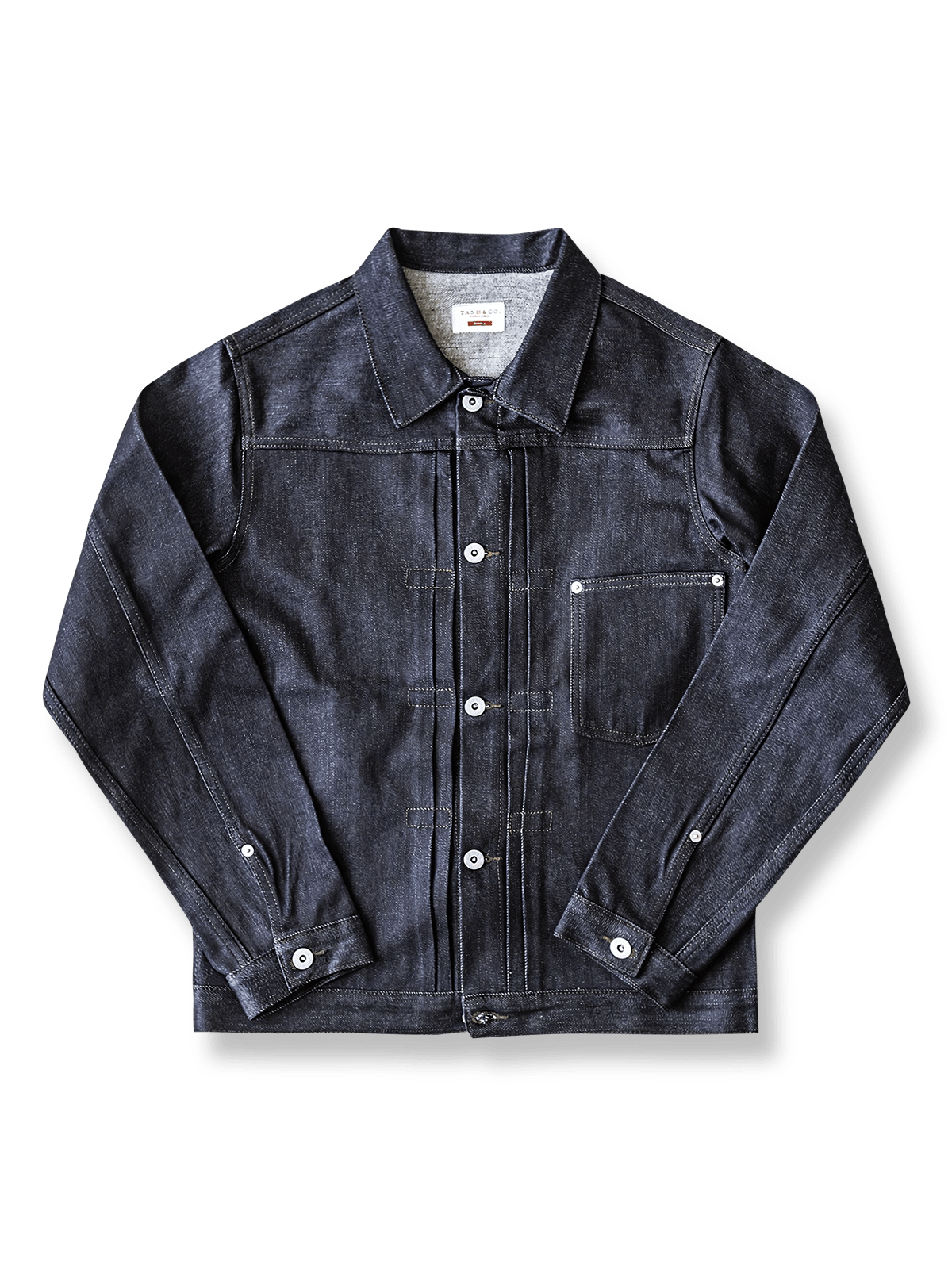 506XX Type1 ヘビーユーズドヴィンテージデニムジャケット、クラシックな五つボタンとウォッシュ加工のヴィンテージ風を展示