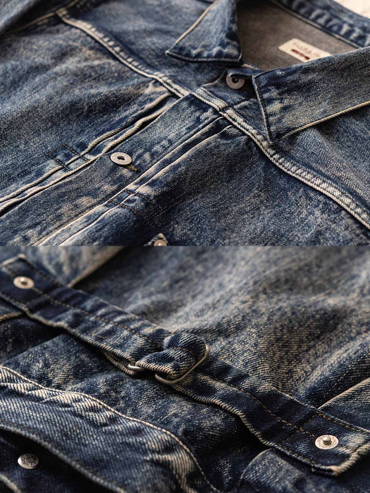 ジャケットのディテールショット、真鍮の未加工の錫メッキパリボタンとスラブデニムの質感を展示