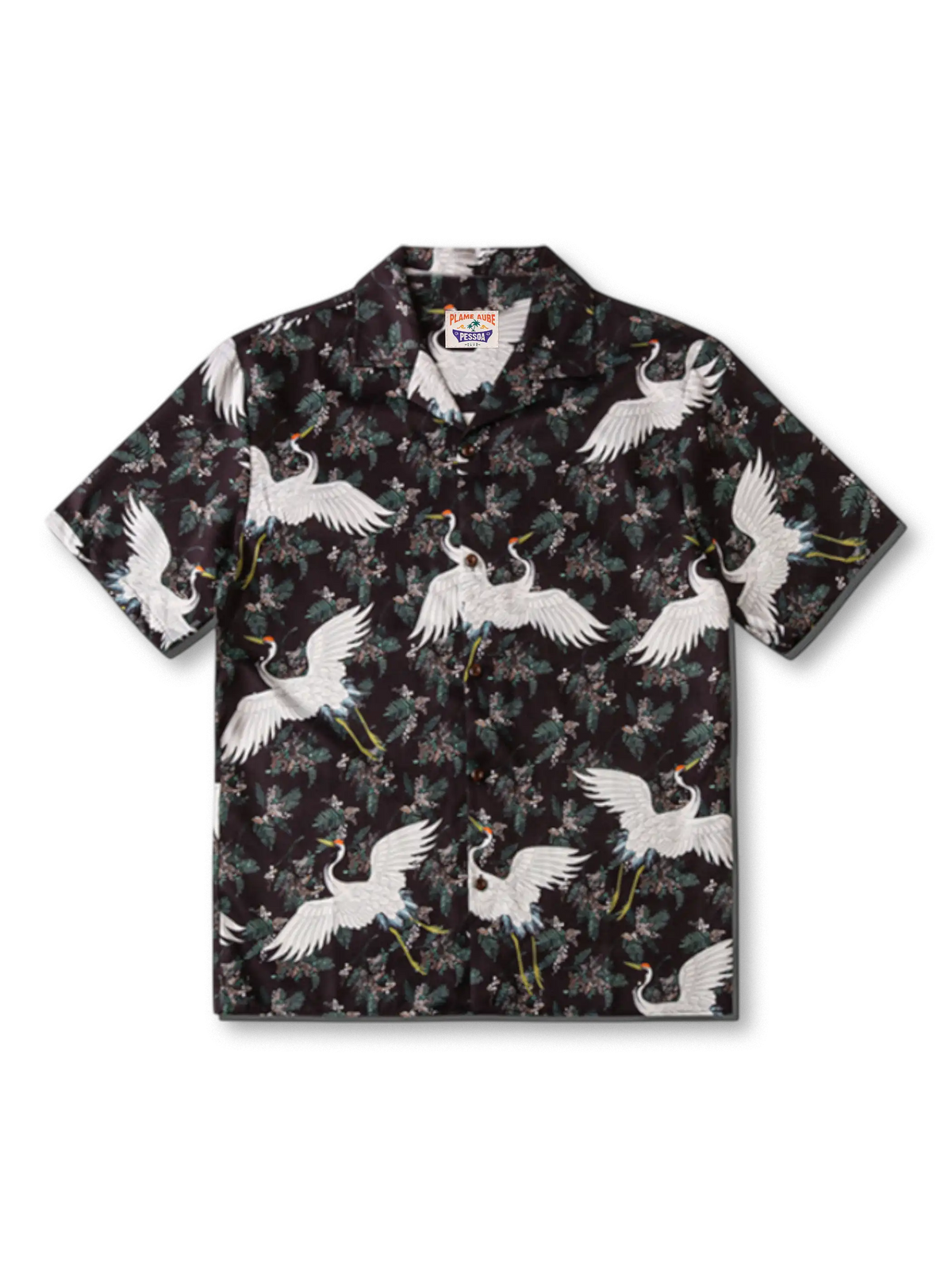 優雅に舞う仙鶴の浮世絵プリントが映えるハワイアンシャツ