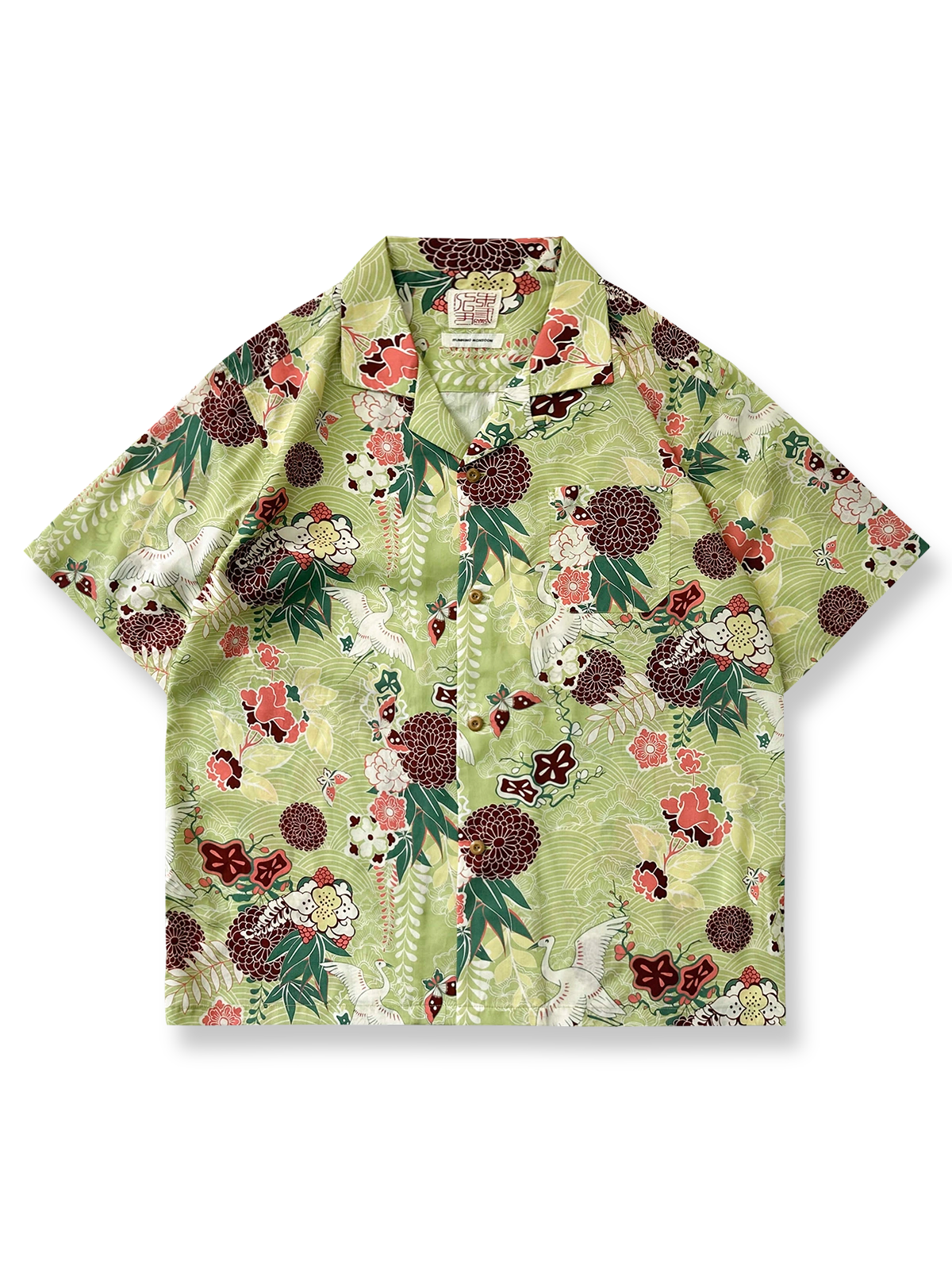  浮世絵鶴柄ハワイアンシャツ。