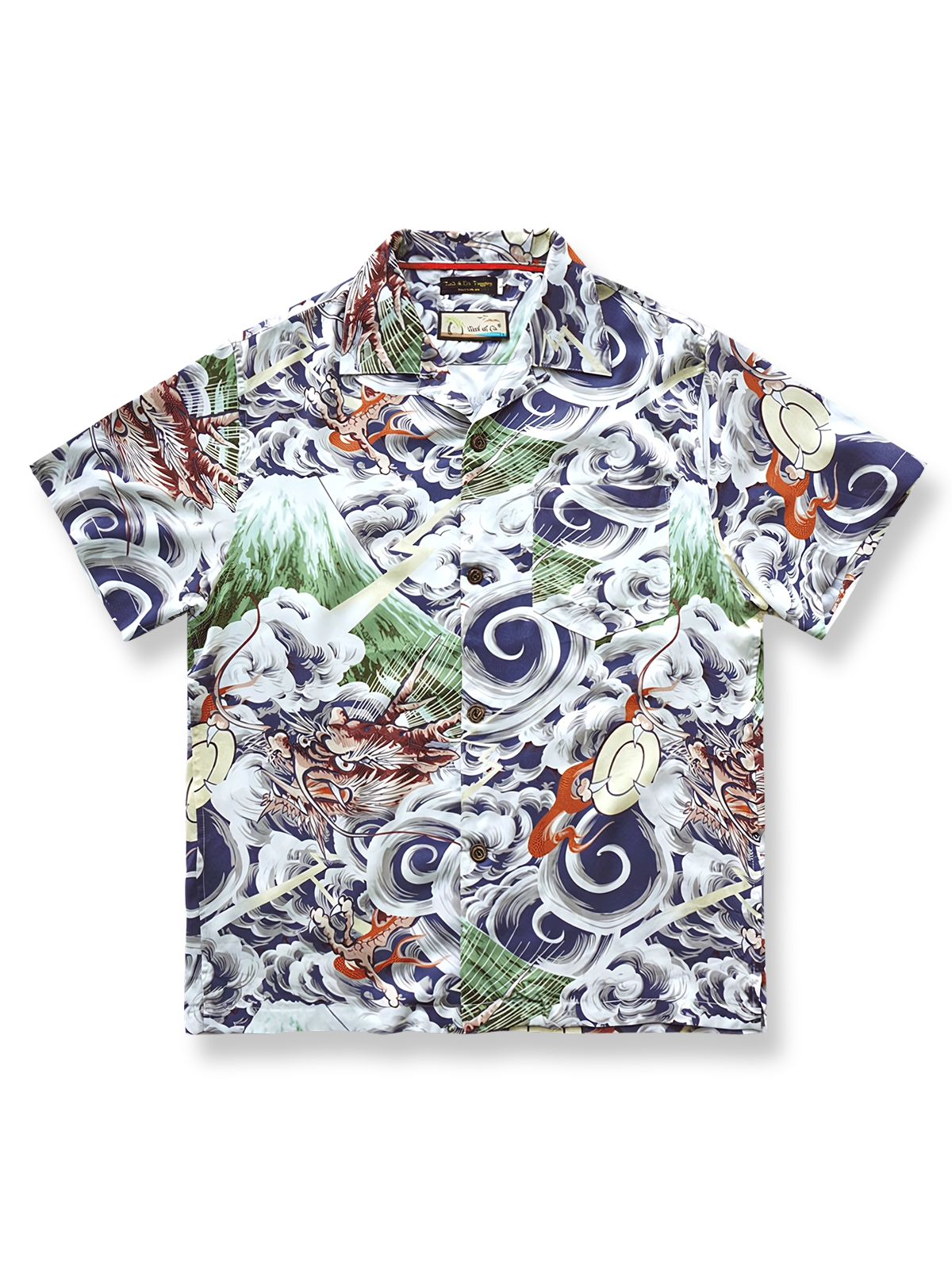 浮世絵風の富士山とドラゴンが描かれたクラシックハワイアンシャツ