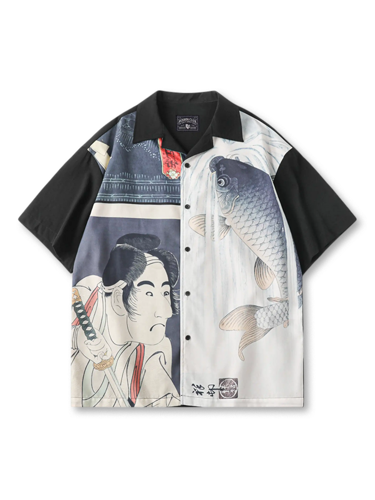 江戸風浮世絵パネルプリントと錦鯉を配した黒地の古巴衿シャツ