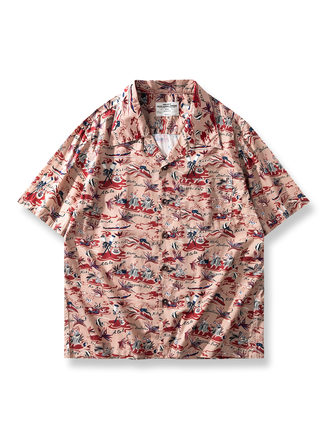 浮世絵風フラダンス柄をあしらったハワイアンシャツ。