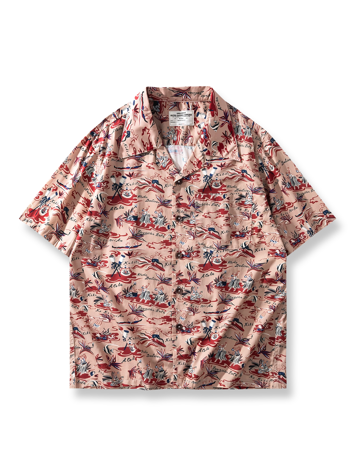 浮世絵風フラダンス柄をあしらったハワイアンシャツ。