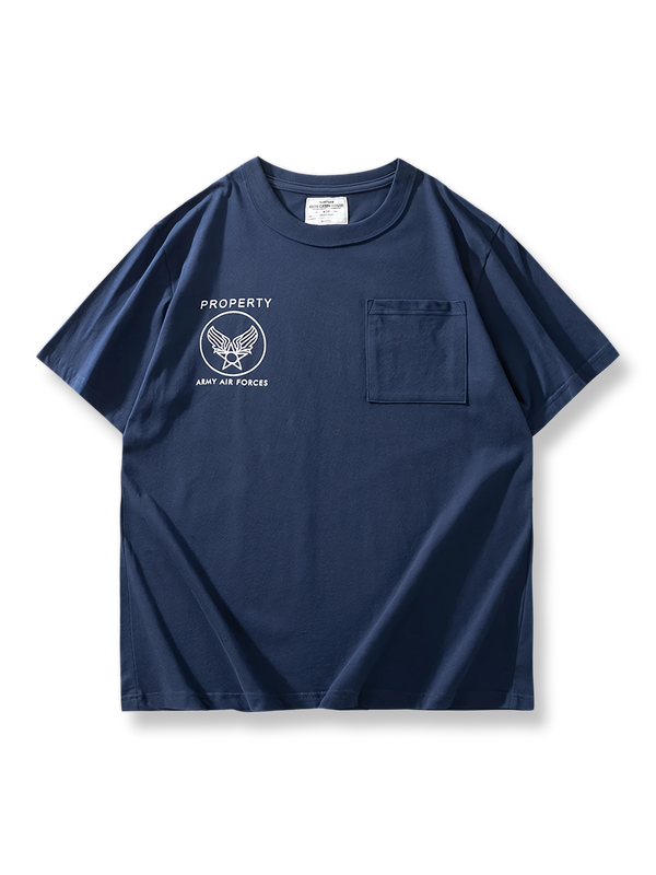 空軍バッジプリントとポケット付きの厚手ダブルヤーン生地半袖Tシャツ