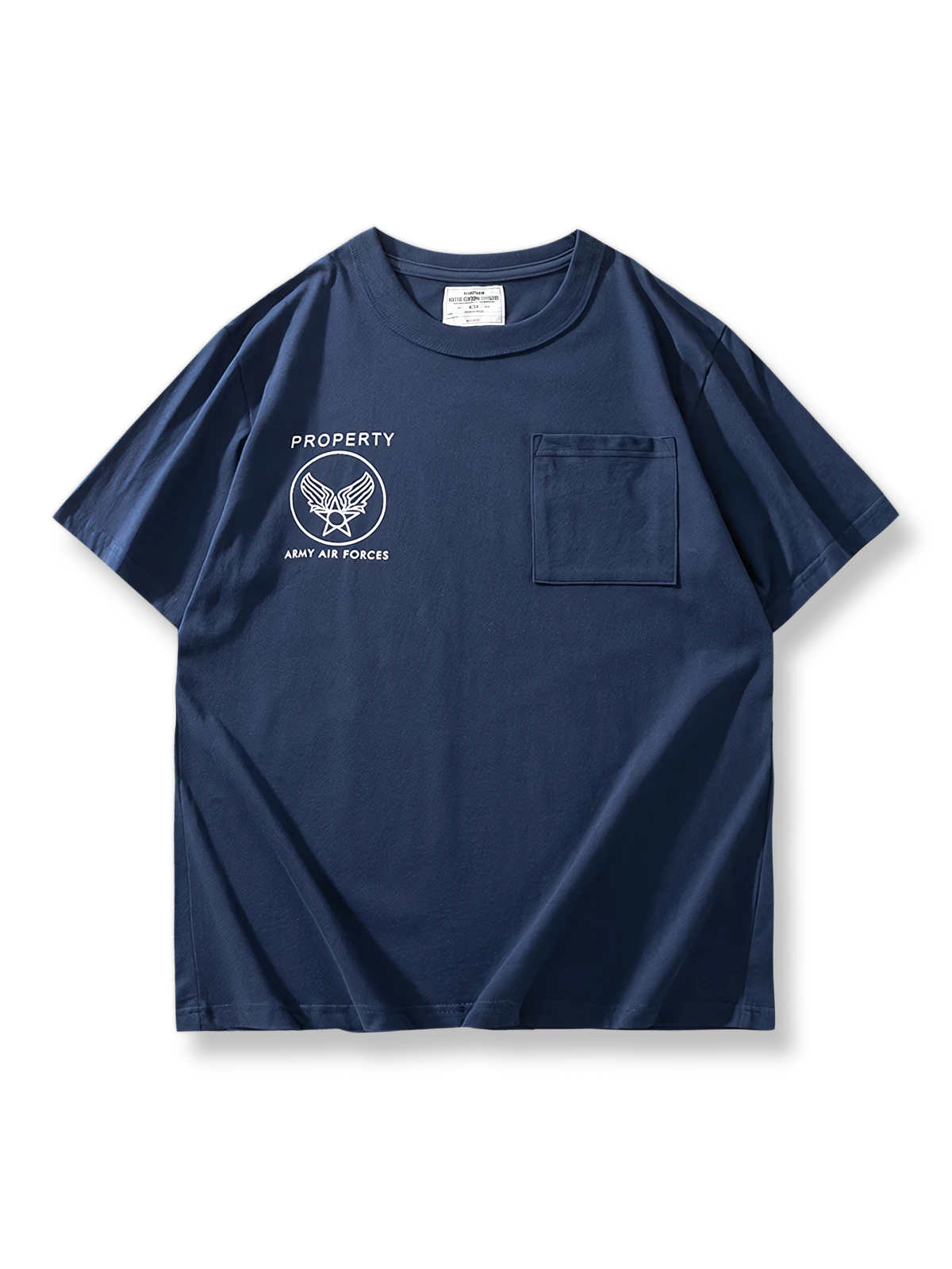 空軍バッジプリントとポケット付きの厚手ダブルヤーン生地半袖Tシャツ