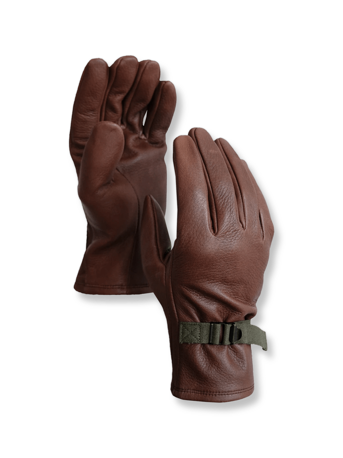 USAAF二次大戦風デザインの鹿革製フライトグローブ。調整ストラップ付きのミディアム丈でグリップ力と保温性を両立。