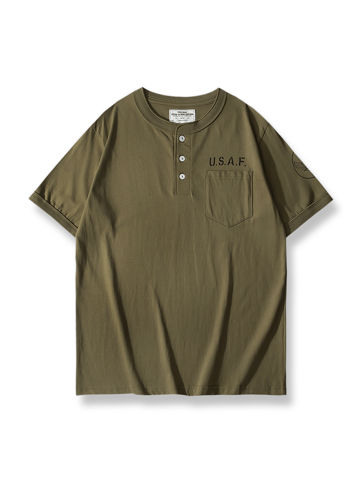 USAF風プリントとポケット付きヘンリーネックTシャツ（200gコットン）