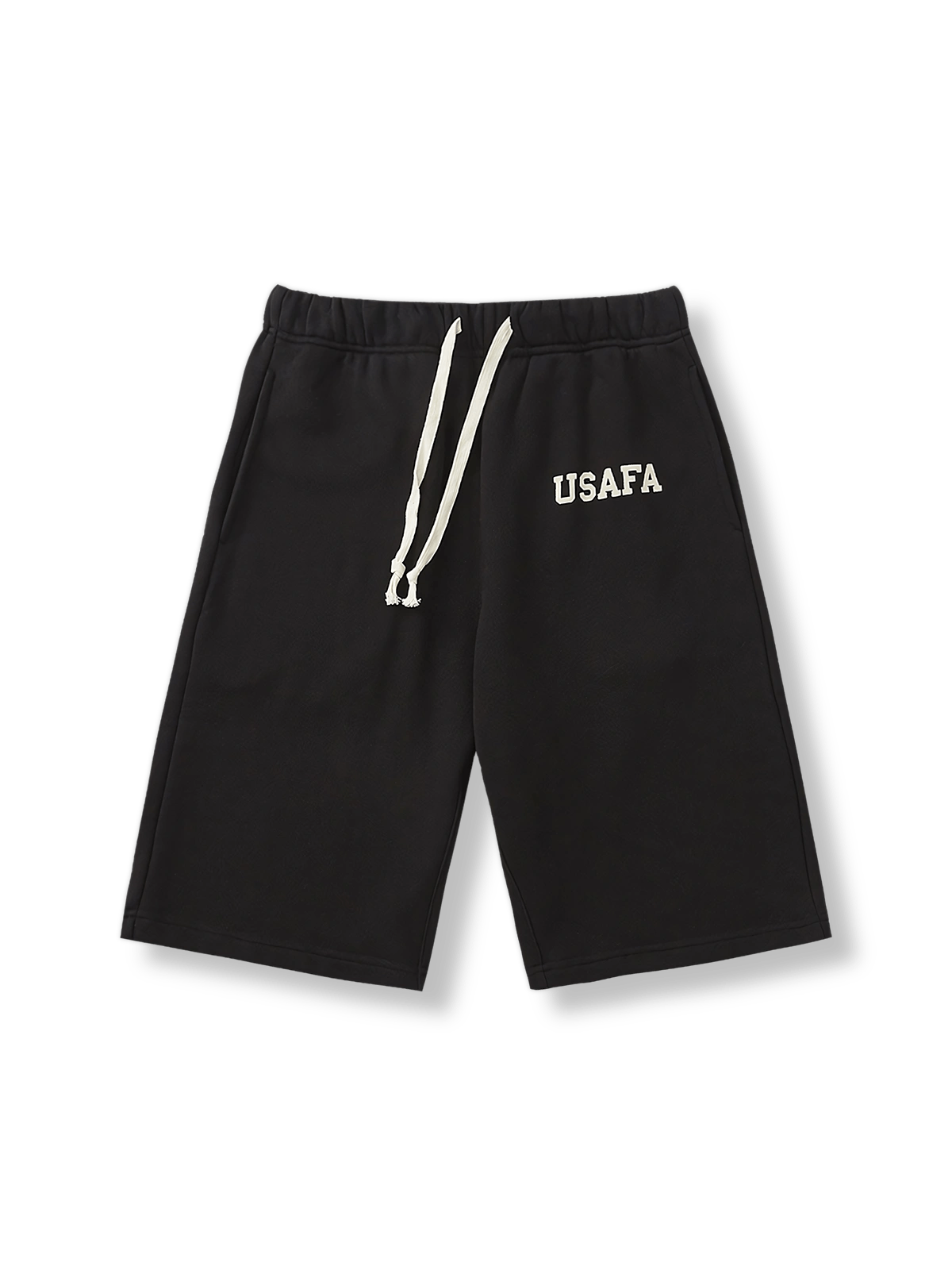 ヴィンテージスタイルのUSAFAショートパンツの全体像、ヴィンテージな文字デザインが特徴。