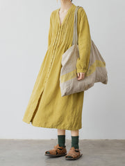 Vネック コットン&リネン Aラインワンピース