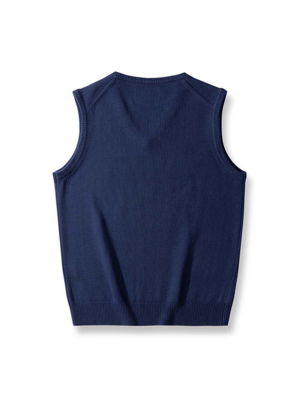 製品画像: ブリティッシュスクールスタイルのVネックニットウールベスト
詳細画像: 襟元のジャカード編みとリブ裾のディテール