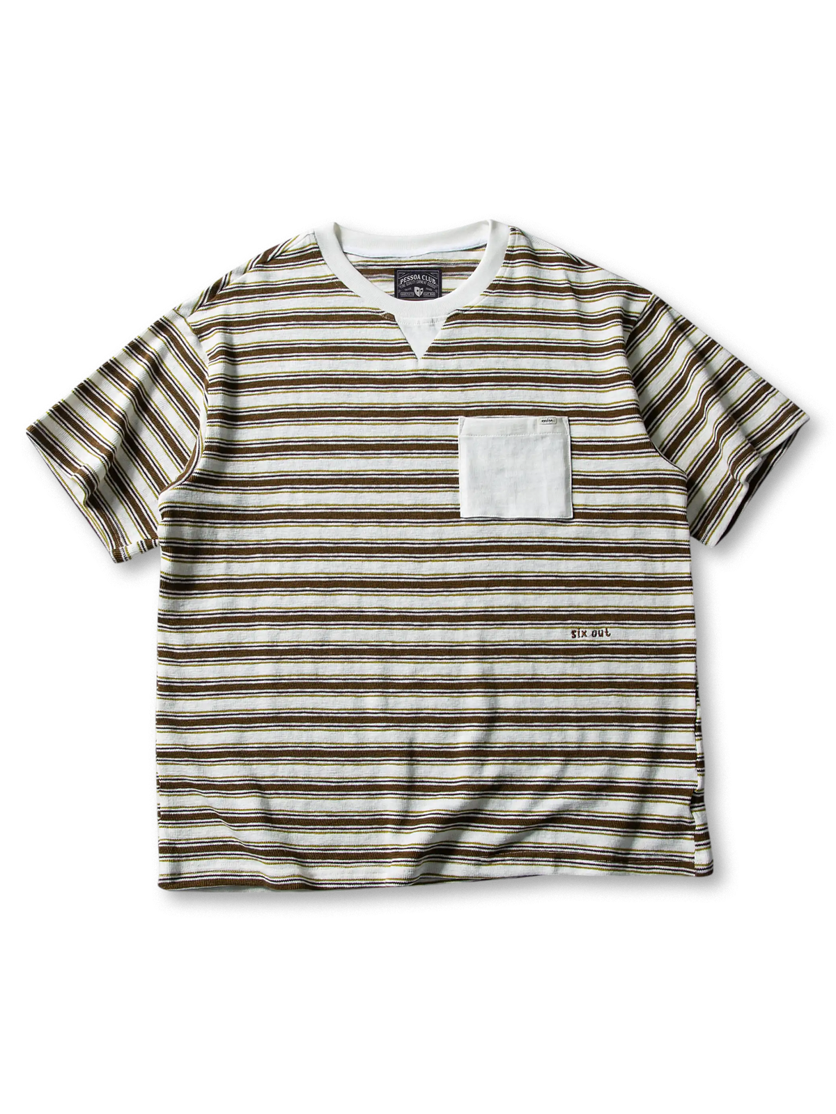 V字ネックインサートとボーダーが映える胸ポケットTシャツ